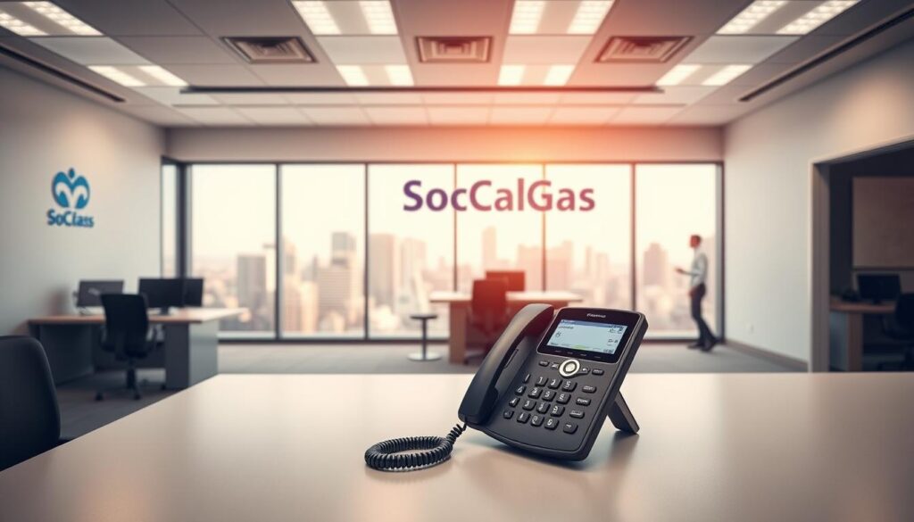 A clean, well-lit office interior with a modern, minimalist design. In the foreground, a large desk with a professional-looking business phone, its keypad illuminated, representing the SoCalGas customer service hotline. The desk is positioned in a way that suggests a customer service representative's workstation. In the middle ground, the walls are adorned with subtle branding elements, such as the SoCalGas logo, reinforcing the professional and authoritative atmosphere. The background features large windows overlooking a bustling urban skyline, providing a sense of context and setting. The lighting is warm and inviting, creating a welcoming ambiance for those seeking assistance with their SoCalGas account. A clean, well-lit office interior with a modern, minimalist design. In the foreground, a large desk with a professional-looking business phone, its keypad illuminated, representing the SoCalGas customer service hotline. The desk is positioned in a way that suggests a customer service representative's workstation. In the middle ground, the walls are adorned with subtle branding elements, such as the SoCalGas logo, reinforcing the professional and authoritative atmosphere. The background features large windows overlooking a bustling urban skyline, providing a sense of context and setting. The lighting is warm and inviting, creating a welcoming ambiance for those seeking assistance with their SoCalGas account.