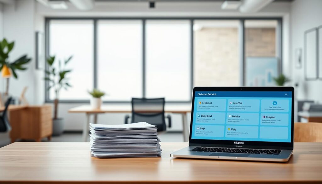 A contemporary office setting with a large desk in the foreground, showcasing the various customer service options available through Klarna. On the desk, there is a laptop displaying an interface with contact information, FAQs, and different communication channels such as live chat, email, and phone. In the middle ground, there are stacks of documents and a stylish, minimalist office chair. The background features a clean, bright window with modern office decor, creating a professional and approachable atmosphere. The lighting is natural, with a soft, diffused glow throughout the scene. The overall composition conveys the efficient and user-friendly nature of Klarna's customer service offerings. A contemporary office setting with a large desk in the foreground, showcasing the various customer service options available through Klarna. On the desk, there is a laptop displaying an interface with contact information, FAQs, and different communication channels such as live chat, email, and phone. In the middle ground, there are stacks of documents and a stylish, minimalist office chair. The background features a clean, bright window with modern office decor, creating a professional and approachable atmosphere. The lighting is natural, with a soft, diffused glow throughout the scene. The overall composition conveys the efficient and user-friendly nature of Klarna's customer service offerings.