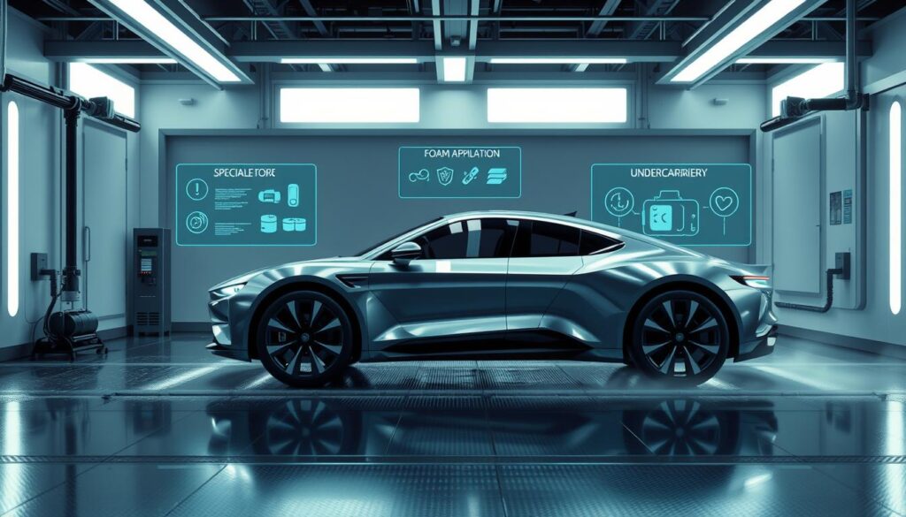 A high-tech car wash bay with advanced cleaning options. In the foreground, a sleek, futuristic vehicle moves through a series of precision robotic brushes and jets, its surface gleaming under bright, directional lighting. In the middle ground, holographic control panels display options for specialized detailing, foam application, and undercarriage cleaning. The background features a minimalist, industrial-chic aesthetic with clean lines, metallic accents, and a sense of cutting-edge technology. The overall mood is one of efficiency, innovation, and a seamless, high-quality car cleaning experience. A high-tech car wash bay with advanced cleaning options. In the foreground, a sleek, futuristic vehicle moves through a series of precision robotic brushes and jets, its surface gleaming under bright, directional lighting. In the middle ground, holographic control panels display options for specialized detailing, foam application, and undercarriage cleaning. The background features a minimalist, industrial-chic aesthetic with clean lines, metallic accents, and a sense of cutting-edge technology. The overall mood is one of efficiency, innovation, and a seamless, high-quality car cleaning experience.