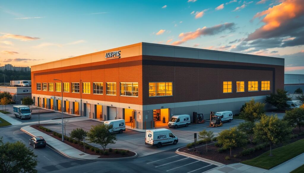 A large, modern USPS distribution facility situated in an urban industrial area. The building's exterior features clean lines, a mix of brick and concrete, and prominent signage. The facility is bathed in warm, natural daylight filtering through expansive windows. Forklifts and delivery trucks can be seen near loading docks, conveying a sense of efficiency and productivity. The surrounding landscape includes neatly landscaped grounds, with trees and shrubs lining the perimeter. The overall scene evokes a well-organized, professional postal operation serving the local community. A large, modern USPS distribution facility situated in an urban industrial area. The building's exterior features clean lines, a mix of brick and concrete, and prominent signage. The facility is bathed in warm, natural daylight filtering through expansive windows. Forklifts and delivery trucks can be seen near loading docks, conveying a sense of efficiency and productivity. The surrounding landscape includes neatly landscaped grounds, with trees and shrubs lining the perimeter. The overall scene evokes a well-organized, professional postal operation serving the local community.