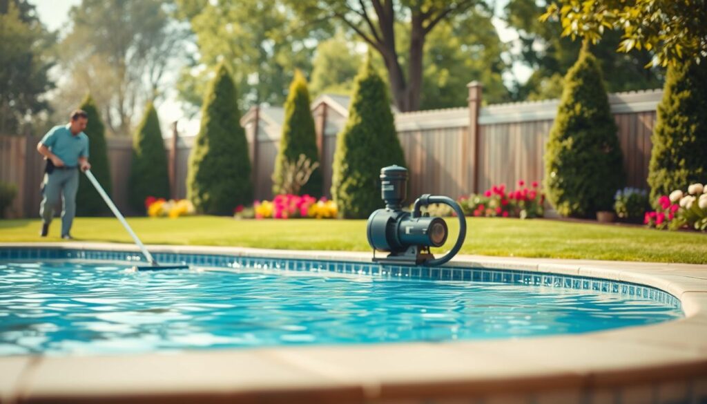 A lush, well-manicured backyard oasis, with a sparkling in-ground pool taking center stage. In the foreground, a pool maintenance technician in uniform diligently skimming the surface, ensuring crystal-clear water. In the middle ground, a state-of-the-art pool pump and filter system, gently humming as they circulate and purify the water. The background features a neatly trimmed lawn, vibrant flower beds, and a picturesque wooden fence, creating a serene and inviting atmosphere. Soft, diffused sunlight filters through the scene, casting a warm, golden glow and accentuating the pool's shimmering surface. This image conveys the essential pool maintenance services required to keep a residential pool in pristine condition. A lush, well-manicured backyard oasis, with a sparkling in-ground pool taking center stage. In the foreground, a pool maintenance technician in uniform diligently skimming the surface, ensuring crystal-clear water. In the middle ground, a state-of-the-art pool pump and filter system, gently humming as they circulate and purify the water. The background features a neatly trimmed lawn, vibrant flower beds, and a picturesque wooden fence, creating a serene and inviting atmosphere. Soft, diffused sunlight filters through the scene, casting a warm, golden glow and accentuating the pool's shimmering surface. This image conveys the essential pool maintenance services required to keep a residential pool in pristine condition.