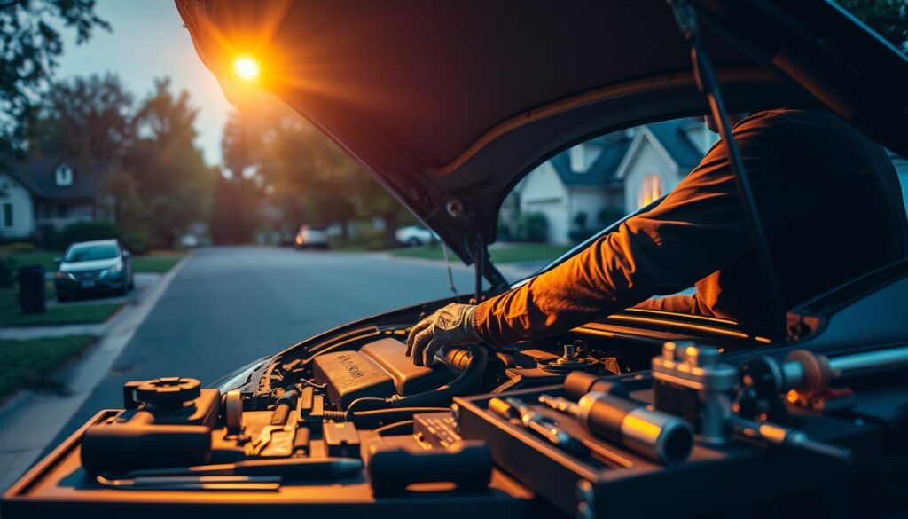 A mobile car technician working diligently under the hood of a customer's vehicle, illuminated by the warm glow of a work light. The technician's hands are covered in grease as they meticulously inspect and repair the engine, surrounded by an array of tools neatly organized on a mobile workbench. In the background, the customer's car is parked on a quiet suburban street, with lush greenery and a few houses visible. The scene conveys a sense of professionalism, attention to detail, and a dedication to providing reliable and convenient automotive services. A mobile car technician working diligently under the hood of a customer's vehicle, illuminated by the warm glow of a work light. The technician's hands are covered in grease as they meticulously inspect and repair the engine, surrounded by an array of tools neatly organized on a mobile workbench. In the background, the customer's car is parked on a quiet suburban street, with lush greenery and a few houses visible. The scene conveys a sense of professionalism, attention to detail, and a dedication to providing reliable and convenient automotive services.