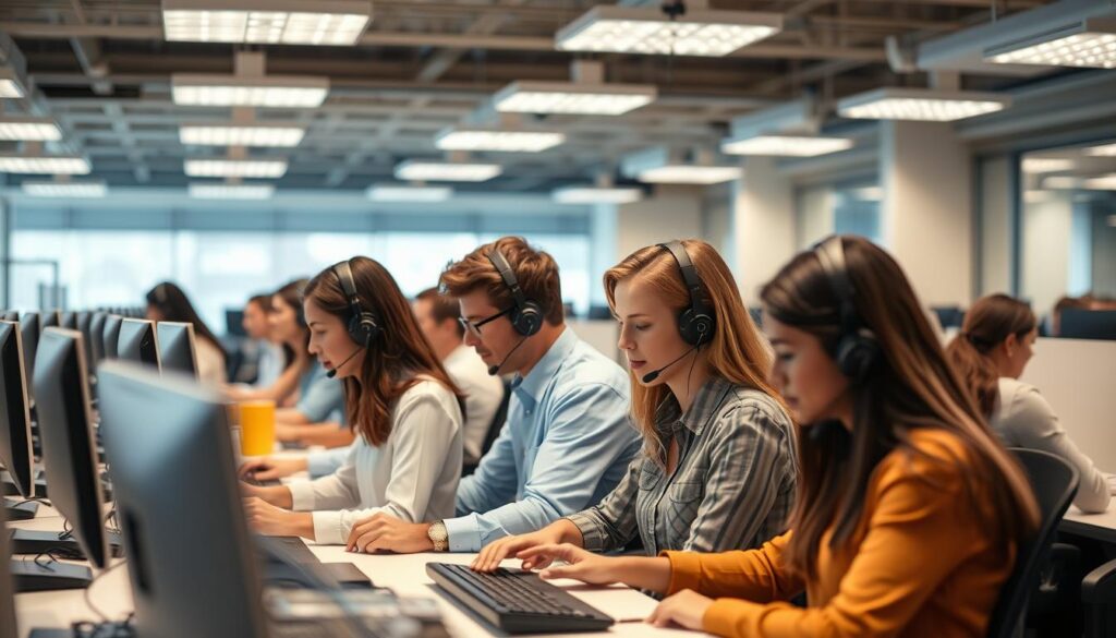 A modern call center with employees assisting customers over headsets. Bright, clean interior with ergonomic workstations and efficient workflows. Agents calmly and patiently listening, tapping on keyboards, and referencing documentation to resolve common cellular service issues. Soft, diffused lighting from overhead fixtures casts a warm, professional glow. Customers' faces are obscured, maintaining privacy, but their body language conveys relief and satisfaction as problems are solved. The atmosphere is one of capable, courteous support in a streamlined, technology-driven environment. A modern call center with employees assisting customers over headsets. Bright, clean interior with ergonomic workstations and efficient workflows. Agents calmly and patiently listening, tapping on keyboards, and referencing documentation to resolve common cellular service issues. Soft, diffused lighting from overhead fixtures casts a warm, professional glow. Customers' faces are obscured, maintaining privacy, but their body language conveys relief and satisfaction as problems are solved. The atmosphere is one of capable, courteous support in a streamlined, technology-driven environment.