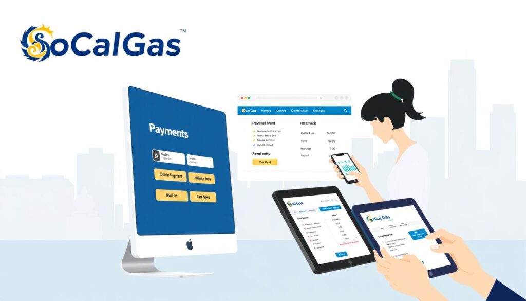 A modern, clean-looking illustration showcasing the various payment options offered by SoCalGas. In the foreground, a desktop computer displays the SoCalGas website's payment section, with clear icons and buttons for online payment, automatic bank withdrawal, and mail-in check options. In the middle ground, a person interacting with the website on a tablet, highlighting the mobile-friendly experience. The background features the SoCalGas logo and a minimalist cityscape to establish the brand and geographic context. The overall mood is professional, informative, and accessible, reflecting the efficient and customer-centric nature of SoCalGas' billing and payment services. A modern, clean-looking illustration showcasing the various payment options offered by SoCalGas. In the foreground, a desktop computer displays the SoCalGas website's payment section, with clear icons and buttons for online payment, automatic bank withdrawal, and mail-in check options. In the middle ground, a person interacting with the website on a tablet, highlighting the mobile-friendly experience. The background features the SoCalGas logo and a minimalist cityscape to establish the brand and geographic context. The overall mood is professional, informative, and accessible, reflecting the efficient and customer-centric nature of SoCalGas' billing and payment services.