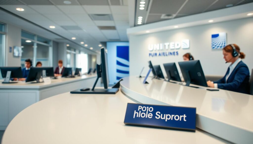A modern office interior with a customer service desk in the foreground. The desk is topped with sleek, minimalist equipment and a nameplate that reads "United Airlines Phone Support". Behind the desk, a team of customer service representatives can be seen working at their stations, wearing headsets and typing intently on their computers. The walls are adorned with the United Airlines logo and subtle branding elements. The lighting is bright and natural, creating a crisp, professional atmosphere. The camera angle is slightly elevated, giving a slightly bird's-eye view of the scene, conveying a sense of efficiency and organization. A modern office interior with a customer service desk in the foreground. The desk is topped with sleek, minimalist equipment and a nameplate that reads "United Airlines Phone Support". Behind the desk, a team of customer service representatives can be seen working at their stations, wearing headsets and typing intently on their computers. The walls are adorned with the United Airlines logo and subtle branding elements. The lighting is bright and natural, creating a crisp, professional atmosphere. The camera angle is slightly elevated, giving a slightly bird's-eye view of the scene, conveying a sense of efficiency and organization.
