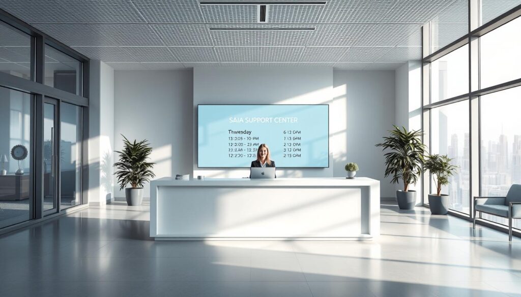 A modern office interior with large windows bathing the space in soft, natural light. The main focal point is a sleek, minimalist reception desk manned by a friendly customer service representative. Behind the desk, a large display screen shows the current business hours for the Saia support center. The background features a clean, contemporary design with neutral colors and subtle textures, creating a calm and professional atmosphere. The overall scene conveys a sense of efficiency, accessibility, and dedication to customer service.