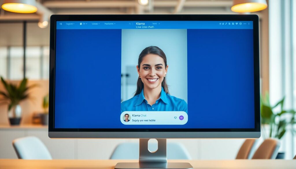 A modern office setting with a large computer screen displaying the Klarna live chat interface. The agent's avatar is prominently featured, their friendly expression and professional attire conveying a sense of approachability and customer-centric service. The background is softly blurred, allowing the chat interface to be the focal point. Warm lighting from overhead sources creates a cozy, welcoming atmosphere. The overall scene evokes a positive, helpful experience for Klarna customers seeking assistance through the live chat channel. A modern office setting with a large computer screen displaying the Klarna live chat interface. The agent's avatar is prominently featured, their friendly expression and professional attire conveying a sense of approachability and customer-centric service. The background is softly blurred, allowing the chat interface to be the focal point. Warm lighting from overhead sources creates a cozy, welcoming atmosphere. The overall scene evokes a positive, helpful experience for Klarna customers seeking assistance through the live chat channel.