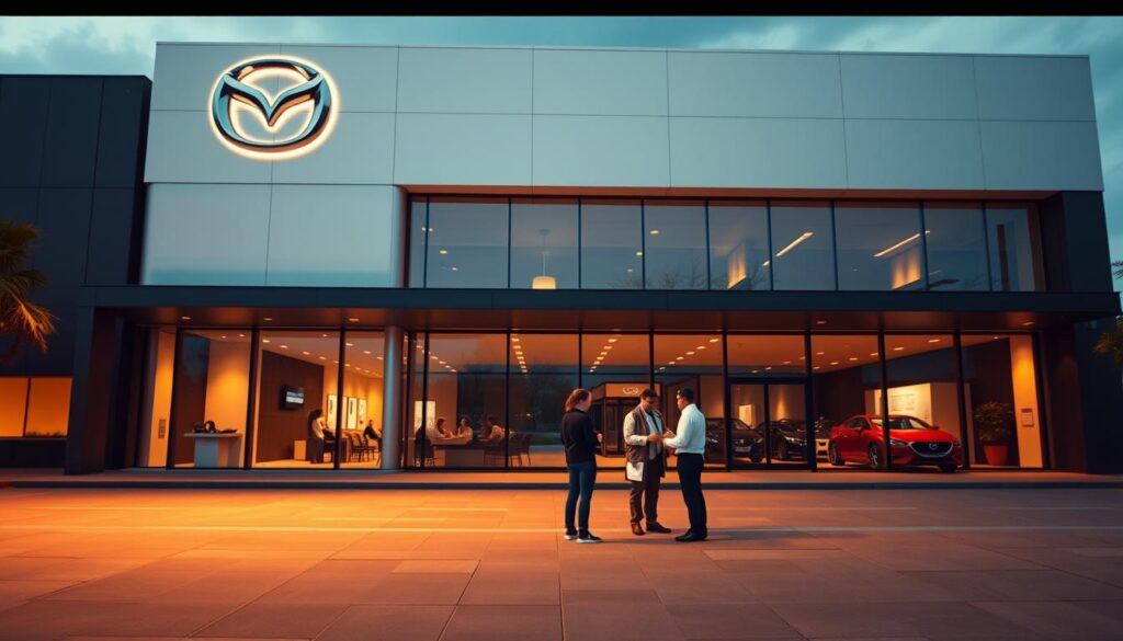A modern, sleek office building with the Mazda logo prominently displayed on the façade. The structure features clean lines, large windows, and a minimalist design aesthetic. In the foreground, a group of people are gathered, discussing financial documents and negotiating terms of a car loan or lease. The mood is professional yet approachable, conveying the reliable and customer-focused nature of Mazda Financial Services. Warm lighting illuminates the scene, creating a welcoming atmosphere. The image is captured at a slight angle, providing a dynamic perspective and showcasing the building's architectural features. A modern, sleek office building with the Mazda logo prominently displayed on the façade. The structure features clean lines, large windows, and a minimalist design aesthetic. In the foreground, a group of people are gathered, discussing financial documents and negotiating terms of a car loan or lease. The mood is professional yet approachable, conveying the reliable and customer-focused nature of Mazda Financial Services. Warm lighting illuminates the scene, creating a welcoming atmosphere. The image is captured at a slight angle, providing a dynamic perspective and showcasing the building's architectural features.