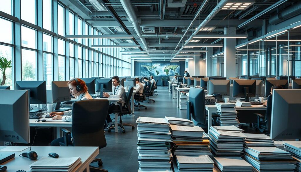 A modern, well-appointed Saia Customer Service call center, with a team of professional agents diligently assisting customers. The foreground features several desk setups, each with a desktop computer, headset, and stacks of organized documents. The middle ground showcases a vibrant, open-concept floor plan with cubicles and ergonomic chairs, creating a welcoming and efficient work environment. The background depicts floor-to-ceiling windows, allowing natural light to flood the space and contribute to a sense of openness and transparency. The overall scene conveys a commitment to exceptional customer care, with an atmosphere of competence, attention to detail, and a customer-centric approach.