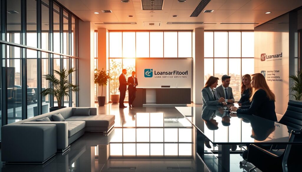 A polished, modern office interior with large windows flooding the space with warm, natural light. In the foreground, a team of financial professionals in business attire are engaged in a collaborative discussion around a sleek, glass conference table. The middle ground features an elegant reception area with plush seating and a minimalist, yet sophisticated decor. In the background, the company's logo and branding is prominently displayed on the walls, conveying a sense of professionalism and expertise. The overall atmosphere exudes a calm, efficient, and customer-centric vibe, capturing the essence of a best-in-class loan servicing company. A polished, modern office interior with large windows flooding the space with warm, natural light. In the foreground, a team of financial professionals in business attire are engaged in a collaborative discussion around a sleek, glass conference table. The middle ground features an elegant reception area with plush seating and a minimalist, yet sophisticated decor. In the background, the company's logo and branding is prominently displayed on the walls, conveying a sense of professionalism and expertise. The overall atmosphere exudes a calm, efficient, and customer-centric vibe, capturing the essence of a best-in-class loan servicing company.
