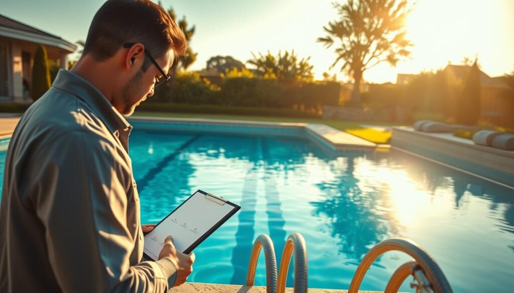 A professional pool service technician, dressed in a crisp uniform, inspecting a sparkling in-ground swimming pool. The scene is bathed in warm afternoon sunlight, casting long shadows across the pristine blue water. In the foreground, the technician carefully checks the pool's chemical levels, a clipboard in hand. The middle ground features expertly maintained pool equipment, hoses, and tools neatly arranged. In the background, a well-manicured backyard with lush greenery frames the tranquil scene. The overall mood conveys a sense of expertise, efficiency, and a commitment to ensuring the pool is in top condition. A professional pool service technician, dressed in a crisp uniform, inspecting a sparkling in-ground swimming pool. The scene is bathed in warm afternoon sunlight, casting long shadows across the pristine blue water. In the foreground, the technician carefully checks the pool's chemical levels, a clipboard in hand. The middle ground features expertly maintained pool equipment, hoses, and tools neatly arranged. In the background, a well-manicured backyard with lush greenery frames the tranquil scene. The overall mood conveys a sense of expertise, efficiency, and a commitment to ensuring the pool is in top condition.