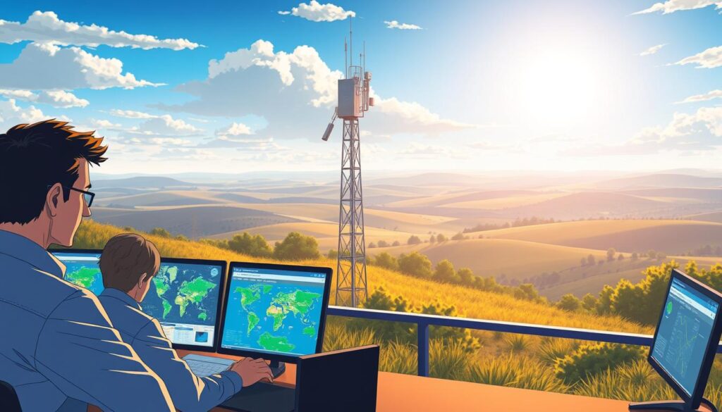 A serene landscape depicting the essential role of climate services in weather monitoring and forecasting. In the foreground, a team of meteorologists pore over detailed weather maps and data visualizations, their faces illuminated by the soft glow of computer monitors. In the middle ground, a sleek, state-of-the-art weather observation station stands tall, its instruments capturing vital environmental data. The background features a panoramic view of rolling hills and a bright, expansive sky, conveying a sense of the vast, interconnected systems that climate services strive to understand and predict. The scene is bathed in warm, diffused lighting, creating a tone of professionalism and scientific authority. A serene landscape depicting the essential role of climate services in weather monitoring and forecasting. In the foreground, a team of meteorologists pore over detailed weather maps and data visualizations, their faces illuminated by the soft glow of computer monitors. In the middle ground, a sleek, state-of-the-art weather observation station stands tall, its instruments capturing vital environmental data. The background features a panoramic view of rolling hills and a bright, expansive sky, conveying a sense of the vast, interconnected systems that climate services strive to understand and predict. The scene is bathed in warm, diffused lighting, creating a tone of professionalism and scientific authority.
