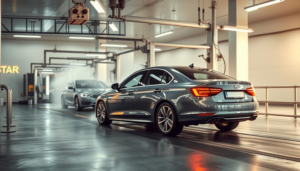 A series of high-resolution, photorealistic images showcasing the step-by-step process of a modern, well-lit self-service car wash. In the foreground, a gleaming sedan moves through the various stages - pre-soak, soap application, high-pressure rinse, and final drying. The middle ground depicts the machinery and nozzles precisely delivering each stage, while the background reveals the clean, minimalist car wash facility with concrete floors, metal railings, and bright overhead lighting. The overall scene conveys a sense of efficiency, cleanliness, and attention to detail, perfectly capturing the subject of "How Our Car Wash Process Works". A series of high-resolution, photorealistic images showcasing the step-by-step process of a modern, well-lit self-service car wash. In the foreground, a gleaming sedan moves through the various stages - pre-soak, soap application, high-pressure rinse, and final drying. The middle ground depicts the machinery and nozzles precisely delivering each stage, while the background reveals the clean, minimalist car wash facility with concrete floors, metal railings, and bright overhead lighting. The overall scene conveys a sense of efficiency, cleanliness, and attention to detail, perfectly capturing the subject of "How Our Car Wash Process Works".