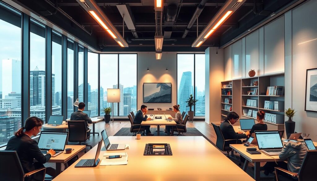 A sleek, modern office interior with large windows overlooking a bustling cityscape. In the foreground, a team of professionals diligently working at their desks, reviewing mortgage documents and laptop screens. Warm, indirect lighting casts a serene glow, creating a productive and efficient atmosphere. In the middle ground, a central conference table is surrounded by comfortable chairs, facilitating collaborative discussions. The background features walls adorned with minimalist artwork and shelves filled with industry-relevant materials, conveying a sense of expertise and professionalism. The overall scene exudes a streamlined, well-organized mortgage loan servicing provider, ready to deliver comprehensive solutions to its clients. A sleek, modern office interior with large windows overlooking a bustling cityscape. In the foreground, a team of professionals diligently working at their desks, reviewing mortgage documents and laptop screens. Warm, indirect lighting casts a serene glow, creating a productive and efficient atmosphere. In the middle ground, a central conference table is surrounded by comfortable chairs, facilitating collaborative discussions. The background features walls adorned with minimalist artwork and shelves filled with industry-relevant materials, conveying a sense of expertise and professionalism. The overall scene exudes a streamlined, well-organized mortgage loan servicing provider, ready to deliver comprehensive solutions to its clients.