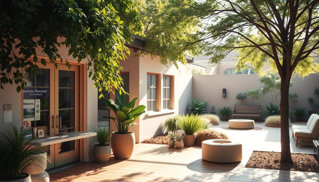 A tranquil, sun-dappled community center, its facade adorned with lush greenery. In the foreground, a welcoming reception area, where visitors can inquire about mental health resources and support services. The middle ground features a cozy lounge, where individuals can engage in group therapy sessions or simply find a quiet moment of respite. The background showcases a serene outdoor space, complete with a meditation garden and inviting benches, encouraging a sense of peace and introspection. Soft, natural lighting filters through the windows, creating a warm and inviting atmosphere. The overall scene conveys a sense of safety, comfort, and the availability of comprehensive mental health resources within the local community. A tranquil, sun-dappled community center, its facade adorned with lush greenery. In the foreground, a welcoming reception area, where visitors can inquire about mental health resources and support services. The middle ground features a cozy lounge, where individuals can engage in group therapy sessions or simply find a quiet moment of respite. The background showcases a serene outdoor space, complete with a meditation garden and inviting benches, encouraging a sense of peace and introspection. Soft, natural lighting filters through the windows, creating a warm and inviting atmosphere. The overall scene conveys a sense of safety, comfort, and the availability of comprehensive mental health resources within the local community.