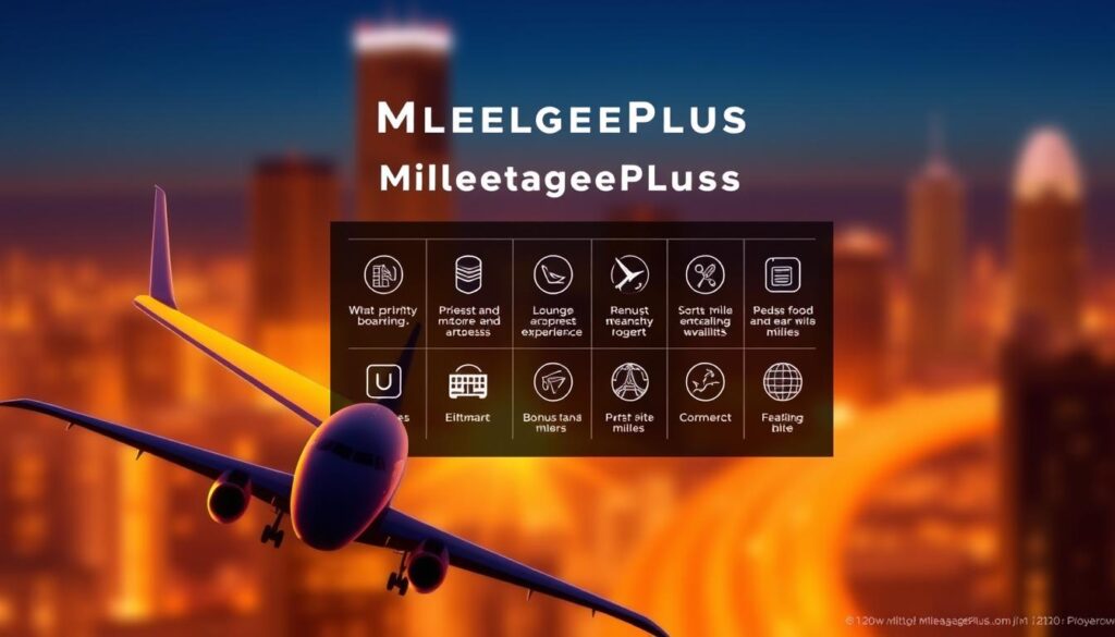 A vibrant illustration of the United Airlines MileagePlus program's key benefits, captured in a premium-quality digital rendering. In the foreground, a sleek airplane silhouette symbolizes the elite travel experiences available to members, illuminated by warm, golden lighting. The middle ground showcases a grid of meaningful icons, each representing a specific MileagePlus perk, such as priority boarding, lounge access, and bonus miles. The background features a blurred, abstract cityscape, evoking the global reach and convenience of the loyalty program. The overall composition conveys a sense of exclusivity, luxury, and the seamless air travel journey enabled by the MileagePlus membership. A vibrant illustration of the United Airlines MileagePlus program's key benefits, captured in a premium-quality digital rendering. In the foreground, a sleek airplane silhouette symbolizes the elite travel experiences available to members, illuminated by warm, golden lighting. The middle ground showcases a grid of meaningful icons, each representing a specific MileagePlus perk, such as priority boarding, lounge access, and bonus miles. The background features a blurred, abstract cityscape, evoking the global reach and convenience of the loyalty program. The overall composition conveys a sense of exclusivity, luxury, and the seamless air travel journey enabled by the MileagePlus membership.