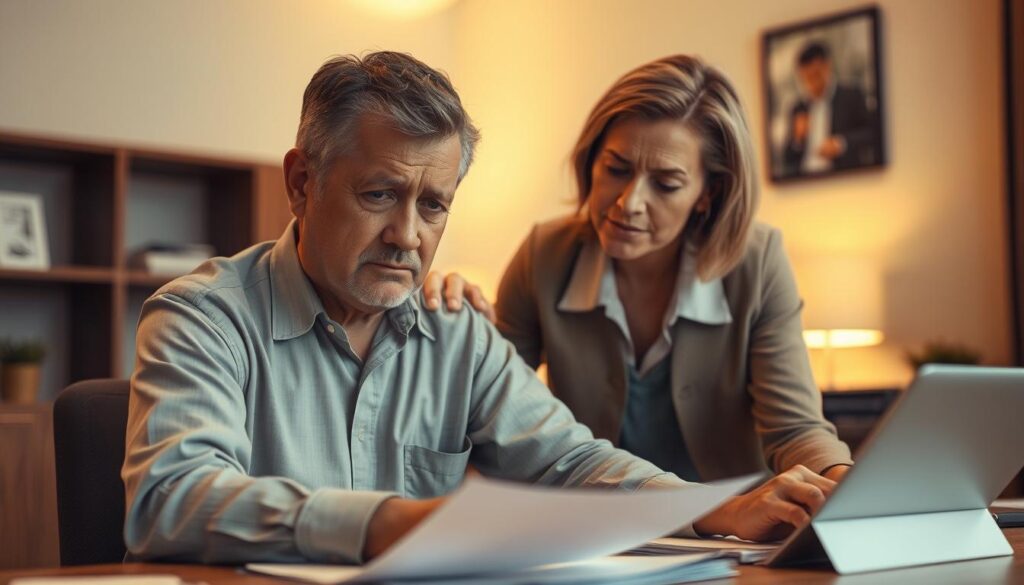 A warm-toned, soft-focus image showcasing a person in need receiving financial assistance from a representative of Firstmark Services. In the foreground, a middle-aged individual sits at a desk, expression troubled, surrounded by financial documents. Behind them, a Firstmark Services employee leans in, offering support and guidance. The background features muted office decor, hinting at a professional, compassionate environment. The lighting is gentle, casting a reassuring glow. The composition conveys a sense of empathy, trust, and the helping hand Firstmark Services extends to those facing financial hardship. A warm-toned, soft-focus image showcasing a person in need receiving financial assistance from a representative of Firstmark Services. In the foreground, a middle-aged individual sits at a desk, expression troubled, surrounded by financial documents. Behind them, a Firstmark Services employee leans in, offering support and guidance. The background features muted office decor, hinting at a professional, compassionate environment. The lighting is gentle, casting a reassuring glow. The composition conveys a sense of empathy, trust, and the helping hand Firstmark Services extends to those facing financial hardship.