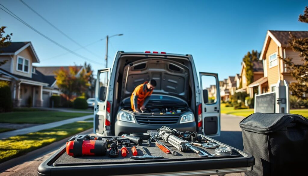 A well-equipped mobile auto repair van parked on a residential street, with a technician in overalls working on a car's engine under the open hood. In the foreground, various tools and equipment are neatly organized on a portable workbench. The middle ground shows the van's logo and branding, conveying a professional, reliable service. The background features a suburban neighborhood with houses, trees, and a clear blue sky, creating a sense of a neighborhood setting. The lighting is natural, with soft shadows and highlights accentuating the scene. The overall mood is one of efficient, on-the-spot automotive repair, reflecting the common services offered by mobile auto technicians. A well-equipped mobile auto repair van parked on a residential street, with a technician in overalls working on a car's engine under the open hood. In the foreground, various tools and equipment are neatly organized on a portable workbench. The middle ground shows the van's logo and branding, conveying a professional, reliable service. The background features a suburban neighborhood with houses, trees, and a clear blue sky, creating a sense of a neighborhood setting. The lighting is natural, with soft shadows and highlights accentuating the scene. The overall mood is one of efficient, on-the-spot automotive repair, reflecting the common services offered by mobile auto technicians.