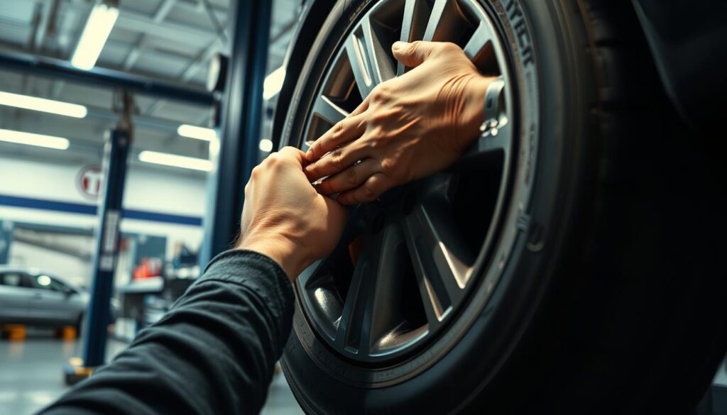 A well-lit, detailed closeup of a tire being replaced at a modern automotive service center. The technician's hands are carefully removing the worn tire and mounting a new one on the wheel rim. The background shows the clean, organized service bay with tools and equipment neatly arranged. Soft shadows and warm lighting create a professional, trustworthy atmosphere. The camera angle provides a clear, unobstructed view of the service process, showcasing the expertise and care taken by the Monro technicians. A well-lit, detailed closeup of a tire being replaced at a modern automotive service center. The technician's hands are carefully removing the worn tire and mounting a new one on the wheel rim. The background shows the clean, organized service bay with tools and equipment neatly arranged. Soft shadows and warm lighting create a professional, trustworthy atmosphere. The camera angle provides a clear, unobstructed view of the service process, showcasing the expertise and care taken by the Monro technicians.