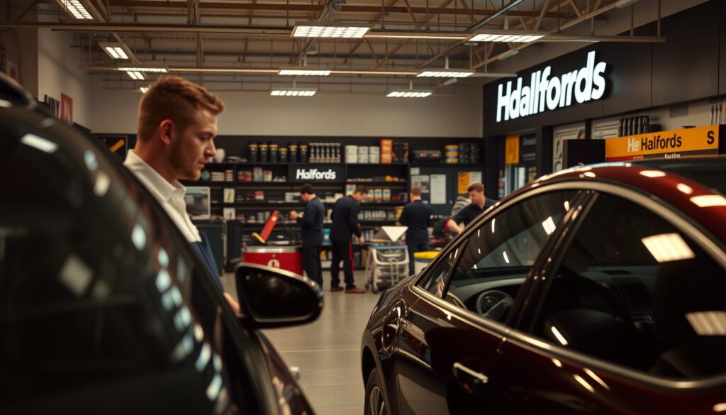 A well-lit interior of a Halfords service center, showcasing a customer's car undergoing a routine maintenance check. In the foreground, a mechanic in a clean uniform inspects the vehicle, while in the middle ground, other technicians work diligently on various tasks. The background features the Halfords branding, shelves stocked with auto parts, and a sense of organized efficiency. The lighting is warm and inviting, creating a welcoming atmosphere for the customer. The composition captures the professionalism and attention to detail that Halfords is known for, reflecting the trustworthy automotive solutions promised in the article.