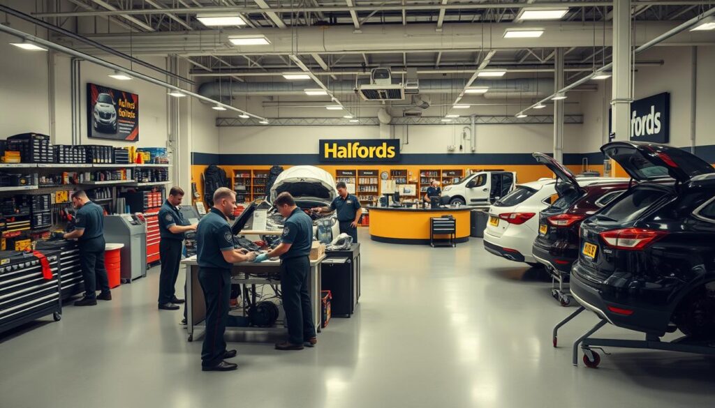 A well-lit, modern Halfords auto service center, with a spacious and organized workshop in the foreground. Mechanics in uniform uniforms diligently working on various vehicles, surrounded by shelves of tools and auto parts. In the middle ground, a customer service area with a warm, inviting atmosphere, showcasing Halfords' commitment to customer satisfaction. The background features the Halfords branding and signage, conveying a sense of professionalism and reliability. The overall scene exudes an atmosphere of efficiency, trust, and a customer-centric approach to automotive maintenance and repair.