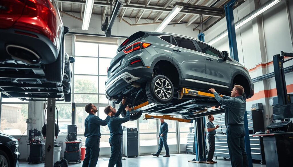 A well-lit, spacious auto service center with a team of skilled mechanics inspecting a mid-size SUV. The vehicle is raised on a hydraulic lift, allowing for a thorough examination of the undercarriage. Mechanics in clean uniforms and safety gear closely inspect the tires, brakes, suspension, and other critical components. The workshop is organized and equipped with state-of-the-art diagnostic tools. Bright, natural lighting filters in through large windows, creating a professional and inviting atmosphere. The scene conveys a sense of expertise, attention to detail, and commitment to ensuring the vehicle's safety and performance. A well-lit, spacious auto service center with a team of skilled mechanics inspecting a mid-size SUV. The vehicle is raised on a hydraulic lift, allowing for a thorough examination of the undercarriage. Mechanics in clean uniforms and safety gear closely inspect the tires, brakes, suspension, and other critical components. The workshop is organized and equipped with state-of-the-art diagnostic tools. Bright, natural lighting filters in through large windows, creating a professional and inviting atmosphere. The scene conveys a sense of expertise, attention to detail, and commitment to ensuring the vehicle's safety and performance.