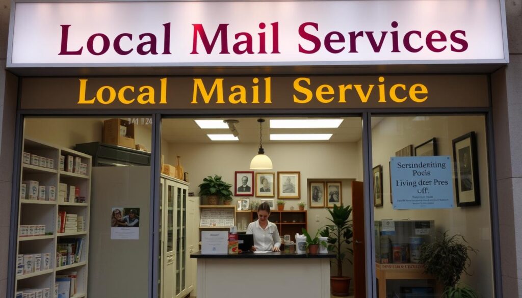 A well-lit storefront with a sign that reads "Local Mail Services" in a warm, inviting font. The entrance is flanked by neatly organized shelves and cabinets, hinting at the range of postal products and services available. The middle ground features a counter with a friendly employee assisting a customer, while the background showcases a cozy, neighborhood atmosphere with potted plants and framed artwork on the walls. The lighting is soft and natural, creating a welcoming ambiance. The overall scene conveys the convenience and community-oriented nature of this alternative postal drop-off location. A well-lit storefront with a sign that reads "Local Mail Services" in a warm, inviting font. The entrance is flanked by neatly organized shelves and cabinets, hinting at the range of postal products and services available. The middle ground features a counter with a friendly employee assisting a customer, while the background showcases a cozy, neighborhood atmosphere with potted plants and framed artwork on the walls. The lighting is soft and natural, creating a welcoming ambiance. The overall scene conveys the convenience and community-oriented nature of this alternative postal drop-off location.
