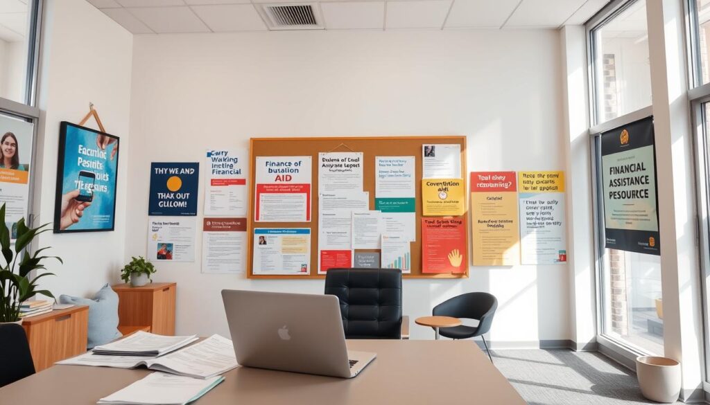 A well-lit, wide-angle shot of a modern office interior with various financial assistance program resources on display. In the foreground, a desk with a laptop, brochures, and application forms. Behind it, a large bulletin board showcases informative posters and colorful flyers highlighting different types of aid, from government benefits to local charity programs. The walls are adorned with inspirational artwork and motivational quotes, creating a warm, welcoming atmosphere. Soft natural lighting filters in through large windows, illuminating the space and lending a sense of openness and transparency. The overall scene conveys a sense of accessibility, community support, and the availability of financial resources to those in need. A well-lit, wide-angle shot of a modern office interior with various financial assistance program resources on display. In the foreground, a desk with a laptop, brochures, and application forms. Behind it, a large bulletin board showcases informative posters and colorful flyers highlighting different types of aid, from government benefits to local charity programs. The walls are adorned with inspirational artwork and motivational quotes, creating a warm, welcoming atmosphere. Soft natural lighting filters in through large windows, illuminating the space and lending a sense of openness and transparency. The overall scene conveys a sense of accessibility, community support, and the availability of financial resources to those in need.