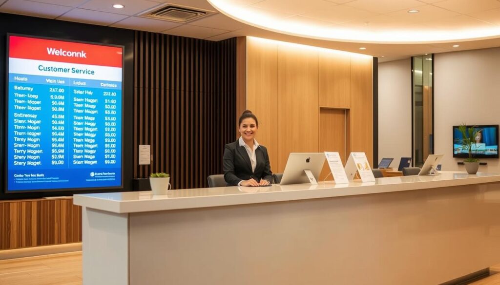 A modern, well-lit office interior with a prominent customer service counter. The counter is staffed by a friendly, professional-looking representative in business attire, ready to assist customers. The background features informational displays showcasing the bank's hours of operation, creating a welcoming and efficient atmosphere. Warm lighting illuminates the space, conveying a sense of approachability and service. The composition emphasizes the centrality of the customer service area, inviting visitors to seek assistance. The overall scene reflects the brand's commitment to providing exceptional customer care. A modern, well-lit office interior with a prominent customer service counter. The counter is staffed by a friendly, professional-looking representative in business attire, ready to assist customers. The background features informational displays showcasing the bank's hours of operation, creating a welcoming and efficient atmosphere. Warm lighting illuminates the space, conveying a sense of approachability and service. The composition emphasizes the centrality of the customer service area, inviting visitors to seek assistance. The overall scene reflects the brand's commitment to providing exceptional customer care.