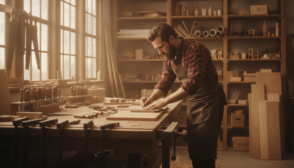 A cozy woodworking workshop filled with natural light streaming through large windows. In the foreground, a skilled woodworker, dressed in a plaid shirt and apron, is focused on measuring and marking a wooden plank using a square and pencil. In the middle ground, a well-organized workbench is laden with tools—saws, chisels, and clamps—surrounded by piles of freshly cut timber. The background features wooden shelves holding neatly arranged project plans and wooden prototypes. Soft, warm lighting creates a welcoming atmosphere, emphasizing the craftsmanship. The scene captures the essence of mastering basic woodworking techniques, showcasing dedication and artistry in a serene, inspiring environment.
