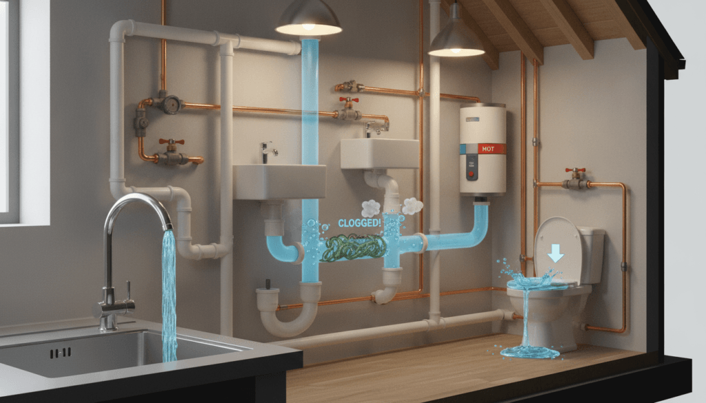A detailed cross-section illustration of a residential plumbing and drain system, showcasing the intricate piping, valves, and fixtures in vibrant color. In the foreground, a sleek kitchen sink with running water, and in the middle, a transparent view of the drain pipes, revealing the flow path. Live demonstrations of common plumbing challenges, like a clogged drain, are included, with cartoon-like visual effects to illustrate blockage. The background features a clean, modern home environment, with warm lighting coming from overhead fixtures, creating a welcoming atmosphere. The angle is slightly elevated, giving a comprehensive view of both the visible and hidden elements of the system, evoking a sense of understanding and clarity without any people or text. The overall mood is informative and accessible.