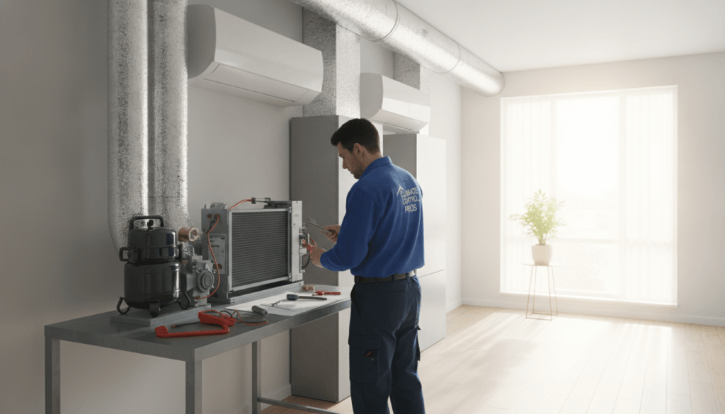 A detailed view of a modern air conditioning system, showcasing sleek, energy-efficient units mounted on a wall in a bright, sunny room. In the foreground, a technician in professional attire examines the intricate components, such as the compressor and evaporator coils, using tools laid out on a workbench. The middle layer features the air conditioning system with visible ductwork, emphasizing its connection to the home's ventilation. In the background, a window lets in natural light, illuminating the room and creating a warm, inviting atmosphere. Use soft, diffused lighting to enhance the sense of clarity and professionalism. The image should convey a sense of understanding and expertise, making it ideal for educational purposes.