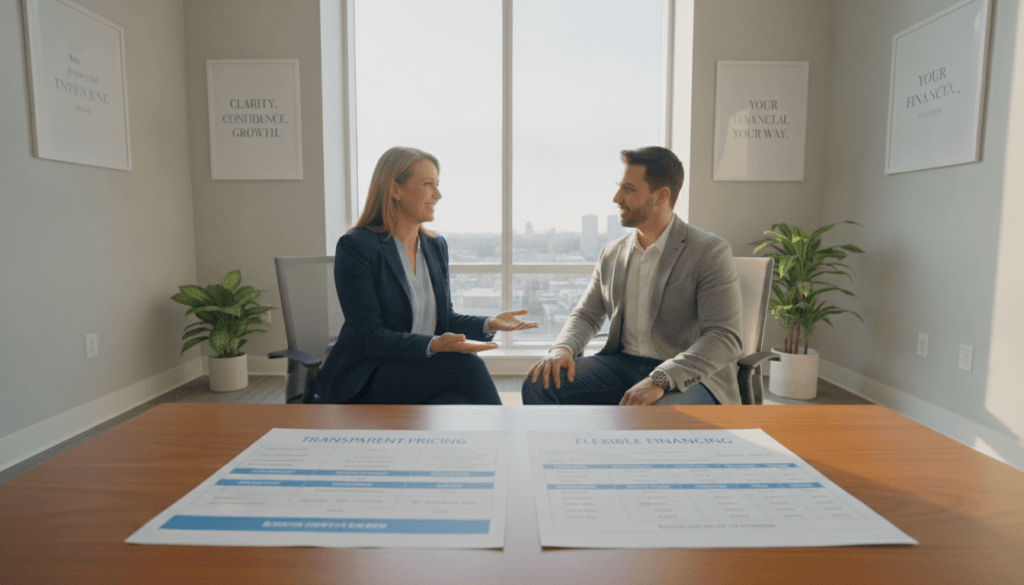 A modern, inviting office setting with a professional financial advisor discussing transparent pricing and flexible financing options with a client. In the foreground, a polished wooden desk displays clear pricing charts and flexible payment plans, highlighted under warm, natural lighting. The middle ground features the advisor, a middle-aged woman in professional attire, gesturing toward the documents while engaging with the client, a young man in business casual. In the background, a large window lets in soft sunlight, illuminating motivational quotes on the walls and giving a sense of openness and honesty. The atmosphere feels welcoming and supportive, emphasizing clarity and trust in financial decisions.