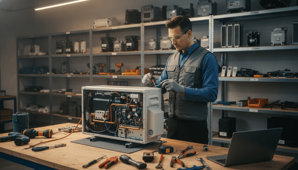 A professional air conditioning technician in a well-equipped workshop, inspecting a sophisticated air conditioning unit on a workbench. The technician, dressed in neat business attire, wears safety glasses and holds tools with confidence. In the background, shelves filled with various air conditioning parts and tools are neatly arranged, illuminated by warm overhead lighting that creates a productive atmosphere. The foreground emphasizes the technician engaged in hands-on work, while the middle ground showcases the various equipment and parts. The overall mood feels industrious and solution-oriented, conveying a sense of trustworthiness and expertise in comprehensive air conditioning service and repair solutions. The scene is captured from a slightly elevated angle to highlight the technician's focus and the details of the workspace.