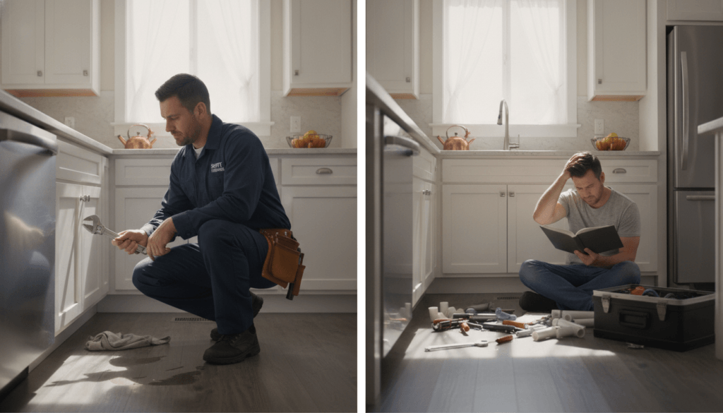 A professional plumber in a clean, well-lit residential kitchen, showcasing two distinct scenes. In the foreground, a licensed plumber, wearing a navy blue uniform and a tool belt, carefully inspects a leaking sink with a wrench in hand. In the middle, a DIY enthusiast, dressed in casual, modest clothing, is seen struggling with a plumbing repair manual, looking frustrated with a toolbox scattered around. The background features a bright kitchen with modern appliances and stylish design elements, creating a warm and inviting atmosphere. Soft, natural light filters through a nearby window, casting gentle highlights and shadows that emphasize the contrast between professional help and DIY attempts. The mood is informative and engaging, highlighting the importance of expert plumbing services. A professional plumber in a clean, well-lit residential kitchen, showcasing two distinct scenes. In the foreground, a licensed plumber, wearing a navy blue uniform and a tool belt, carefully inspects a leaking sink with a wrench in hand. In the middle, a DIY enthusiast, dressed in casual, modest clothing, is seen struggling with a plumbing repair manual, looking frustrated with a toolbox scattered around. The background features a bright kitchen with modern appliances and stylish design elements, creating a warm and inviting atmosphere. Soft, natural light filters through a nearby window, casting gentle highlights and shadows that emphasize the contrast between professional help and DIY attempts. The mood is informative and engaging, highlighting the importance of expert plumbing services.