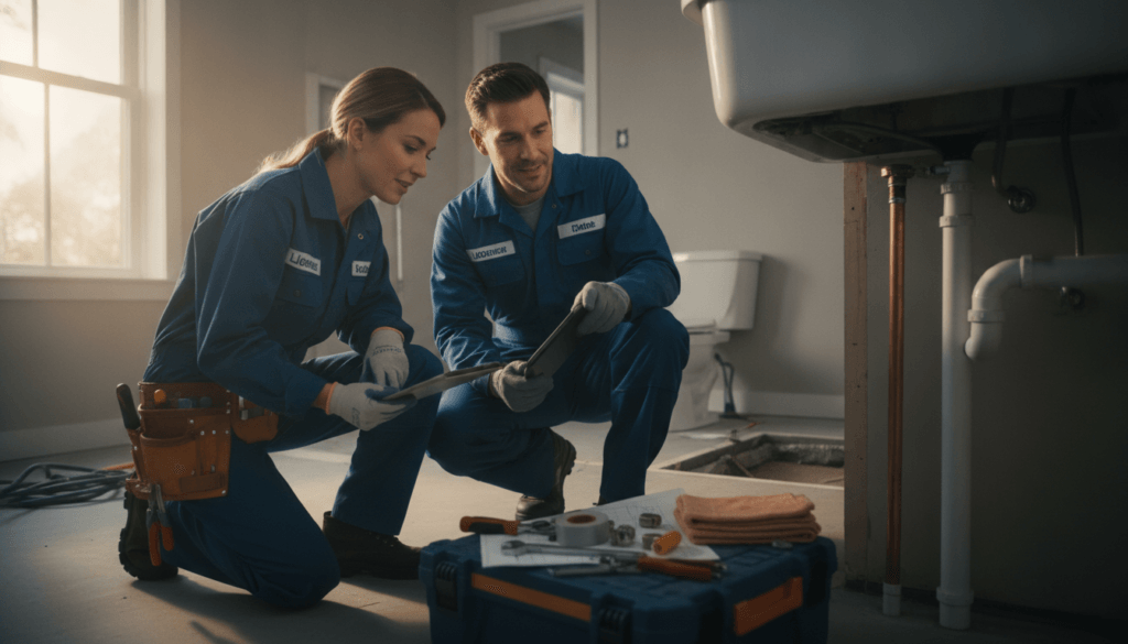 A team of licensed plumbers collaborating on a residential plumbing project, showcasing their expertise and professionalism. In the foreground, two plumbers, a man and a woman, are inspecting a set of pipes, wearing blue uniforms and tool belts. They are focused and engaged in their task, with confident expressions. The middle ground features plumbing tools and equipment neatly organized on a workbench, emphasizing their preparedness. In the background, a home interior is visible, including exposed pipes and fixtures, conveying a sense of urgency and maintenance. Warm, natural lighting flows in through a nearby window, creating a welcoming and industrious atmosphere. The scene captures the critical role of licensed plumbers in ensuring home safety and value. A team of licensed plumbers collaborating on a residential plumbing project, showcasing their expertise and professionalism. In the foreground, two plumbers, a man and a woman, are inspecting a set of pipes, wearing blue uniforms and tool belts. They are focused and engaged in their task, with confident expressions. The middle ground features plumbing tools and equipment neatly organized on a workbench, emphasizing their preparedness. In the background, a home interior is visible, including exposed pipes and fixtures, conveying a sense of urgency and maintenance. Warm, natural lighting flows in through a nearby window, creating a welcoming and industrious atmosphere. The scene captures the critical role of licensed plumbers in ensuring home safety and value.