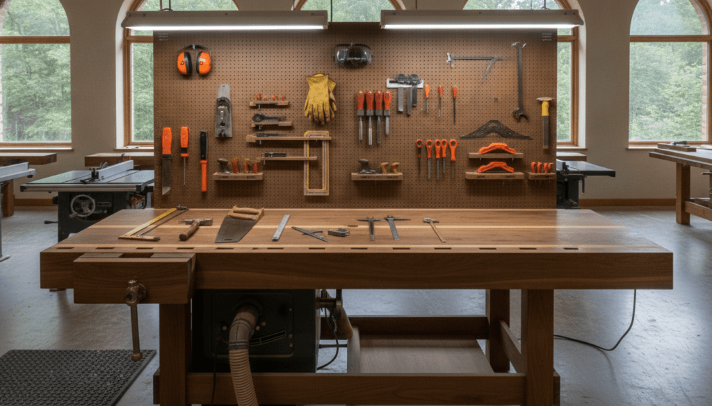 A well-organized woodworking workshop setup that emphasizes safety and efficiency. In the foreground, showcase a sturdy workbench with essential tools such as a saw, hammer, and various measuring instruments carefully arranged for easy access. Include a tool wall in the mid-ground, displaying neatly hung safety gear like goggles and gloves alongside neatly organized hand tools. In the background, show quality lighting fixtures illuminating the workshop, with large windows that let in natural light, enhancing visibility. The mood is focused and professional, suggesting a productive environment. Capture the scene from a slightly elevated angle to provide a comprehensive view, highlighting the orderly arrangement and inviting atmosphere of the workspace.